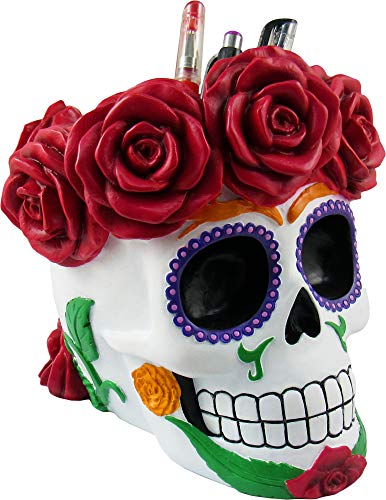 World of Wonders Sugar Skull Day of the Dead Makeup Brush Holder Organizer | Makeup Organizers For Vanity and Sugar Skull Gifts for Women | Día de Los Muertos Decoration - 5"