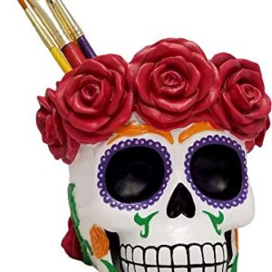 World of Wonders Sugar Skull Day of the Dead Makeup Brush Holder Organizer | Makeup Organizers For Vanity and Sugar Skull Gifts for Women | Día de Los Muertos Decoration - 5"