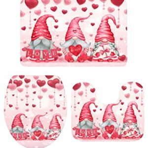Valentines Gnome Bathroom Rugs Sets Love Heart Pink Bath Mats Set with Toilet Lid Cover Non Slip Bathroom Mat, U-Shaped Contour Toilet Mat, 3 Piece Bathroom Rugs for Valentiens Day Decor Red Pink Mat