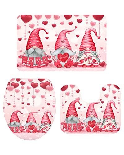 Valentines Gnome Bathroom Rugs Sets Love Heart Pink Bath Mats Set with Toilet Lid Cover Non Slip Bathroom Mat, U-Shaped Contour Toilet Mat, 3 Piece Bathroom Rugs for Valentiens Day Decor Red Pink Mat