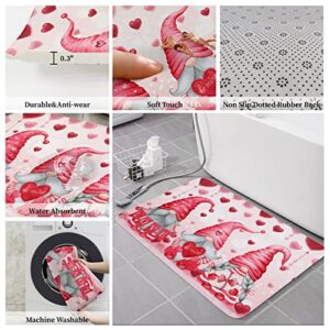 Valentines Gnome Bathroom Rugs Sets Love Heart Pink Bath Mats Set with Toilet Lid Cover Non Slip Bathroom Mat, U-Shaped Contour Toilet Mat, 3 Piece Bathroom Rugs for Valentiens Day Decor Red Pink Mat