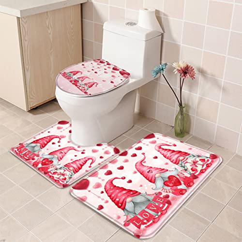 Valentines Gnome Bathroom Rugs Sets Love Heart Pink Bath Mats Set with Toilet Lid Cover Non Slip Bathroom Mat, U-Shaped Contour Toilet Mat, 3 Piece Bathroom Rugs for Valentiens Day Decor Red Pink Mat