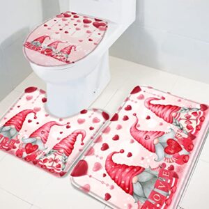 Valentines Gnome Bathroom Rugs Sets Love Heart Pink Bath Mats Set with Toilet Lid Cover Non Slip Bathroom Mat, U-Shaped Contour Toilet Mat, 3 Piece Bathroom Rugs for Valentiens Day Decor Red Pink Mat