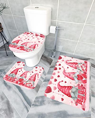 Valentines Gnome Bathroom Rugs Sets Love Heart Pink Bath Mats Set with Toilet Lid Cover Non Slip Bathroom Mat, U-Shaped Contour Toilet Mat, 3 Piece Bathroom Rugs for Valentiens Day Decor Red Pink Mat