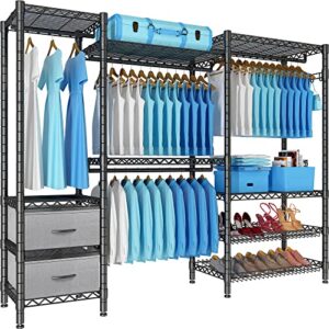 knnje s8 portable wardrobe rack heavy duty clothes rack with 2 shoes racks & fabric drawers, 1 side hook, metal clothing racks for hanging clothes, 70.6" l x 15.8" w x 76.8" h, 816lbs max load, black
