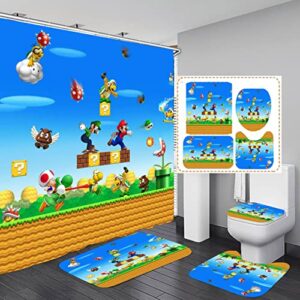 super mario bathroom 4 pieces set shower curtain, toilet lid cover and bath mat, non-slip rugs, durable and waterproof, for bathroom decor set, 72" x 72"