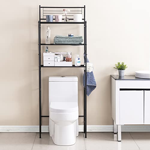 GOOITA 3-Shelf Over The Toilet Storage Bathroom Rack Space Saver Organizer Free Standing Metal Shelves with 4 Hooks, Black