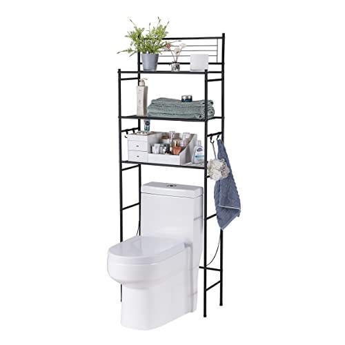 GOOITA 3-Shelf Over The Toilet Storage Bathroom Rack Space Saver Organizer Free Standing Metal Shelves with 4 Hooks, Black