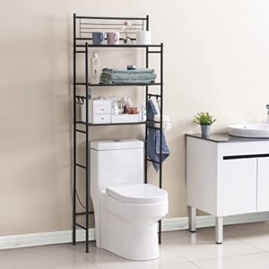 GOOITA 3-Shelf Over The Toilet Storage Bathroom Rack Space Saver Organizer Free Standing Metal Shelves with 4 Hooks, Black