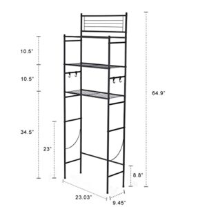 GOOITA 3-Shelf Over The Toilet Storage Bathroom Rack Space Saver Organizer Free Standing Metal Shelves with 4 Hooks, Black