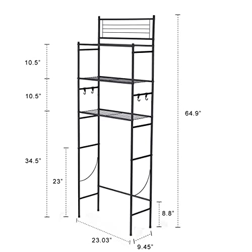 GOOITA 3-Shelf Over The Toilet Storage Bathroom Rack Space Saver Organizer Free Standing Metal Shelves with 4 Hooks, Black