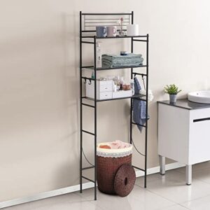 GOOITA 3-Shelf Over The Toilet Storage Bathroom Rack Space Saver Organizer Free Standing Metal Shelves with 4 Hooks, Black