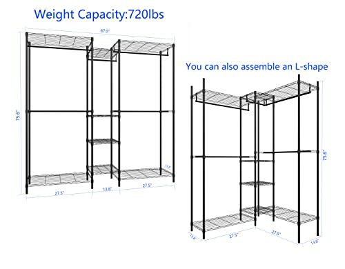 Serxis Heavy Duty Clothes Rack for Hanging Clothes, Metal Garment Rack，Large Capacity Portable Clothing Rack，Freestanding Open Wardrobe Organizer Rack, 67.0"L x 13.8"W x 75.6"H Max Load 720LBS, Black