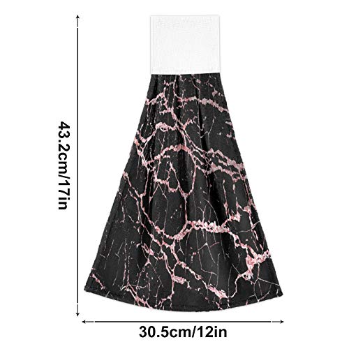 Kcldeci Hanging Kitchen Hand Towels Dishcloths Sets with Loop Rose Gold Black Marble Absorbent Hand Towels 2 Piece Sets Stone Texture