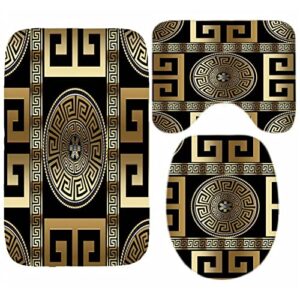 MRXFN 4-Piece Shower Curtain Set, 3D Luxurious Black Gold Greek Key Bend Bathroom Curtain Suit, Geometric Decorative Bathroom Carpet