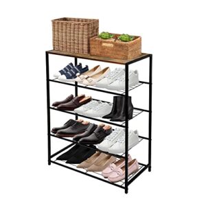 LEEJAY 5 Tier Shoe Rack for Entryway, Freestanding Display Shelf Storage Organizer with 4 Metal Shelves and Top Panel - Rustic Brown