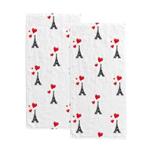 hand bath towels 2 pack hearts and eiffel tower absorbent face fingertip towels for bathroom kitchen gym spa soft hair drying cloth quick dry, 30 x 15 inch