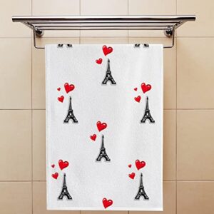 Hand Bath Towels 2 Pack Hearts and Eiffel Tower Absorbent Face Fingertip Towels for Bathroom Kitchen Gym Spa Soft Hair Drying Cloth Quick Dry, 30 x 15 Inch