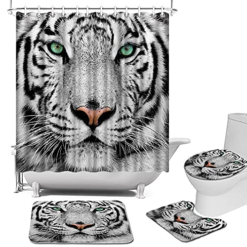 Black Tiger with Green Eyes Shower Curtain Sets with Non-Slip Rugs, Toilet Lid Cover and Bath Mat, Africa Animals Shower Curtains with 12 Hooks Durable Waterproof Bath Curtain