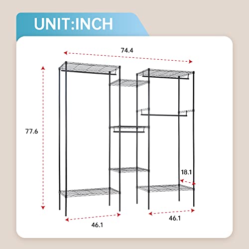 Garment Rack Metal Clothes Rack Large Armoire Storage Portable Closet Shelves Wire Clothing Rack Multiple Assembly Methods with 4 Hanger Rod 4 Large Shelves 3 Small Shelves, Max Load 830 LBS, Black