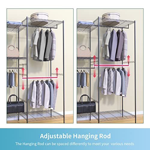 Garment Rack Metal Clothes Rack Large Armoire Storage Portable Closet Shelves Wire Clothing Rack Multiple Assembly Methods with 4 Hanger Rod 4 Large Shelves 3 Small Shelves, Max Load 830 LBS, Black
