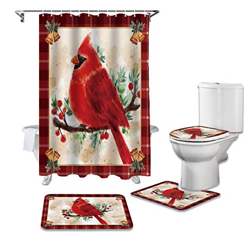 OneHoney 4 Piece Christmas Shower Curtain Sets with Non-Slip Rugs, Watercolor Cardinal Berry Bathroom Waterproof Curtains, Poinsettia Flower Doormat, Toilet Lid Cover and Bath Mat