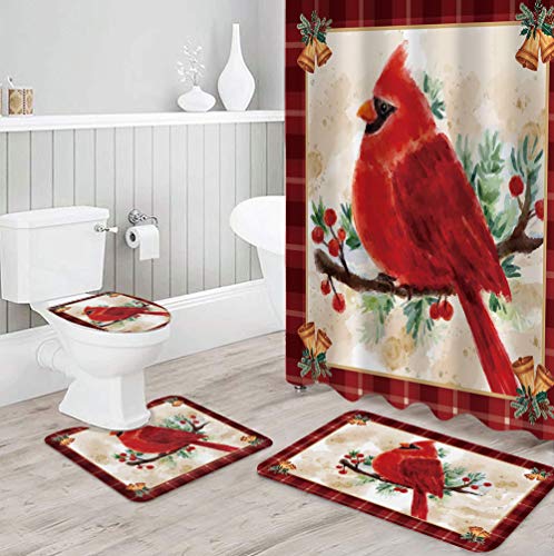 OneHoney 4 Piece Christmas Shower Curtain Sets with Non-Slip Rugs, Watercolor Cardinal Berry Bathroom Waterproof Curtains, Poinsettia Flower Doormat, Toilet Lid Cover and Bath Mat