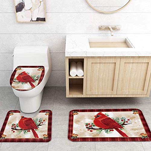 OneHoney 4 Piece Christmas Shower Curtain Sets with Non-Slip Rugs, Watercolor Cardinal Berry Bathroom Waterproof Curtains, Poinsettia Flower Doormat, Toilet Lid Cover and Bath Mat