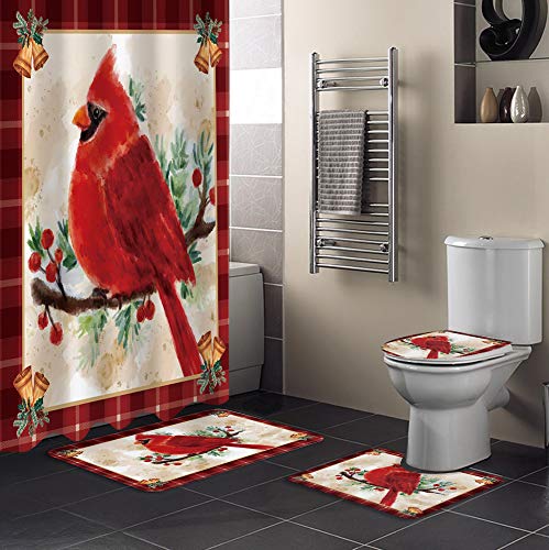 OneHoney 4 Piece Christmas Shower Curtain Sets with Non-Slip Rugs, Watercolor Cardinal Berry Bathroom Waterproof Curtains, Poinsettia Flower Doormat, Toilet Lid Cover and Bath Mat