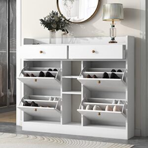 angel sar modern shoe cabinet with 4 flip drawers, slim narrow shoe storage cabinet for entryway, white shoe storage organizer for bedroom, living room, hallway