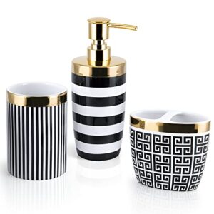 allure home creation derby 3-piece ceramic bathroom accessory set black & white with metallic gold finish
