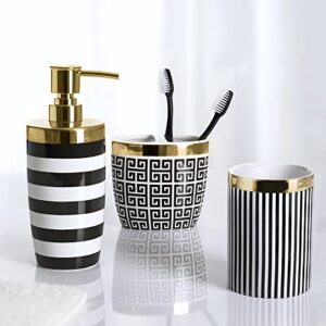 Allure Home Creation Derby 3-Piece Ceramic Bathroom Accessory Set Black & White with Metallic Gold Finish