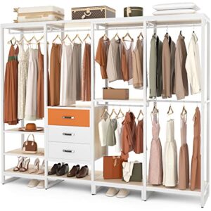 cyclysio 84'' heavy duty closet system, large wooden garment rack, l shape corner walk-in closet, clothing rack with shelves, closet organizer system with 11 shelves, 3 wood drawers, 6 rod, white