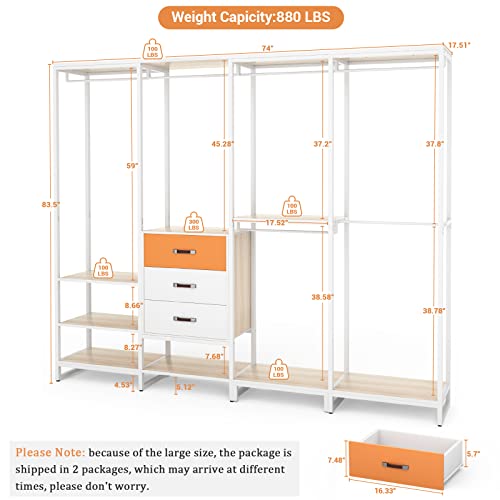Cyclysio 84'' Heavy Duty Closet System, Large Wooden Garment Rack, L Shape Corner Walk-in Closet, Clothing Rack with Shelves, Closet Organizer System with 11 Shelves, 3 Wood Drawers, 6 Rod, White