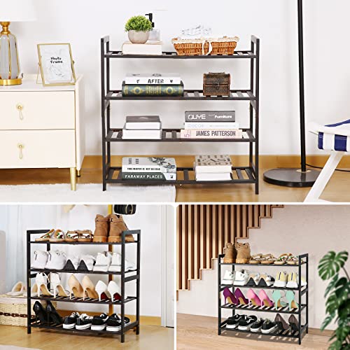 Shoe Rack, 4-Tier Wooden Shoe Rack for Entryway Closet, Stackable Free Standing Shoe Shelf for Slippers/Sneaker/Boots, Storage Organizer Shoe Stand for Hallway Bedroom Small Space (Wood)