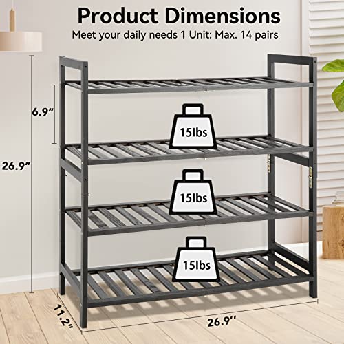 Shoe Rack, 4-Tier Wooden Shoe Rack for Entryway Closet, Stackable Free Standing Shoe Shelf for Slippers/Sneaker/Boots, Storage Organizer Shoe Stand for Hallway Bedroom Small Space (Wood)