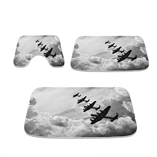 TheBlackSpot World War 2 WW2 in Color Warplane Bathroom Rugs 20 x 31 Grey Men Boys Bath Mat 16 x 24 Sets 3 Piece Memory Foam Anti Slip Absorbent Mats U-Shaped Contour Shower Mat