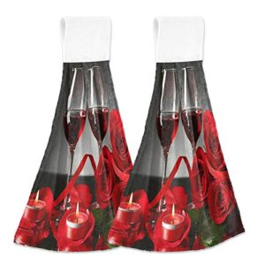 Red Wine in Glasses Red Rose Candle 2 Pcs Hanging Kitchen Hand Towels, Hanging Tie Towels with Hook & Loop Washcloth Dishcloths Sets Decorative Absorbent Tea Bar Bath Hand Towel