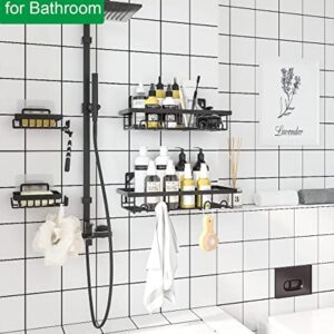 Adhesive Shower Caddy (2 Pack) with 2 Soap Dishes, Shower Shelf with Hooks, No Drilling/ Wall Mounted Shower Rack Rustproof Stainless Steel Shower Organizer for Inside Shower & Kitchen Storage (Black)