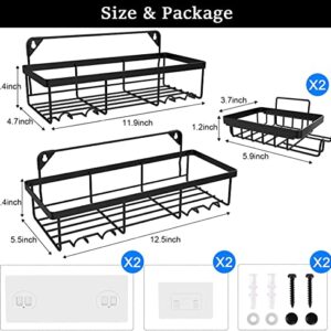 Adhesive Shower Caddy (2 Pack) with 2 Soap Dishes, Shower Shelf with Hooks, No Drilling/ Wall Mounted Shower Rack Rustproof Stainless Steel Shower Organizer for Inside Shower & Kitchen Storage (Black)