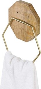 mygift brass tone metal hexagon wall mounted bathroom hand towel ring with mango wood geometric backing - handcrafted in india
