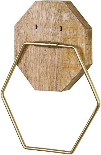 MyGift Brass Tone Metal Hexagon Wall Mounted Bathroom Hand Towel Ring with Mango Wood Geometric Backing - Handcrafted in India