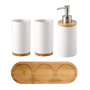 Onepine 4-Piece Ceramic Bathroom Set Includes Soap Dispenser Pump, Toothbrush Holder, Tumblers, Wooden Tray