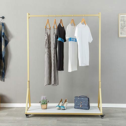 FURVOKIA Modern Simple Heavy Duty Metal Rolling Garment Rack with Wheel,Retail Display Clothing Rack with Wood, Single Rod Floor-Standing Hangers Clothes Shelves (Gold Square Tube B, 47.2 L)