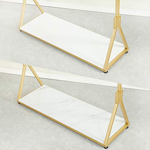 FURVOKIA Modern Simple Heavy Duty Metal Rolling Garment Rack with Wheel,Retail Display Clothing Rack with Wood, Single Rod Floor-Standing Hangers Clothes Shelves (Gold Square Tube B, 47.2 L)