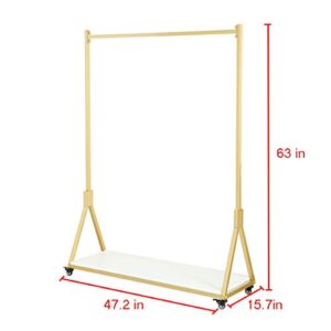 FURVOKIA Modern Simple Heavy Duty Metal Rolling Garment Rack with Wheel,Retail Display Clothing Rack with Wood, Single Rod Floor-Standing Hangers Clothes Shelves (Gold Square Tube B, 47.2 L)