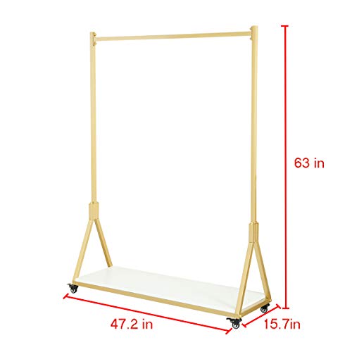 FURVOKIA Modern Simple Heavy Duty Metal Rolling Garment Rack with Wheel,Retail Display Clothing Rack with Wood, Single Rod Floor-Standing Hangers Clothes Shelves (Gold Square Tube B, 47.2 L)