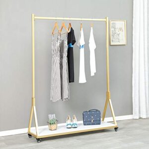 FURVOKIA Modern Simple Heavy Duty Metal Rolling Garment Rack with Wheel,Retail Display Clothing Rack with Wood, Single Rod Floor-Standing Hangers Clothes Shelves (Gold Square Tube B, 47.2 L)