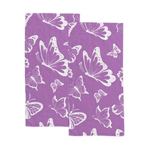 hand bath towels 2 pack purple butterflies absorbent face fingertip towels for bathroom kitchen gym spa soft hair drying cloth quick dry, 30 x 15 inch