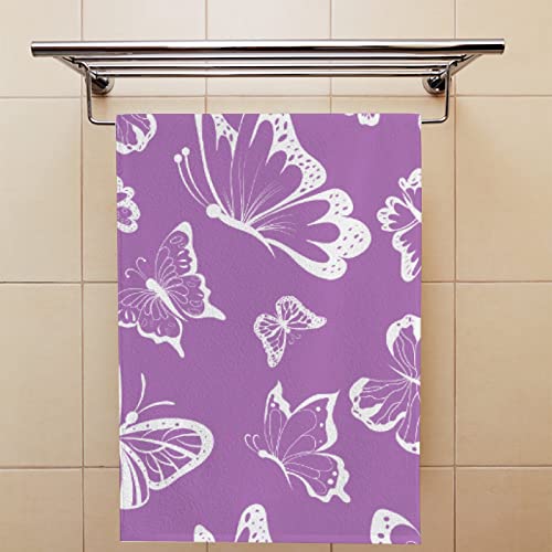 Hand Bath Towels 2 Pack Purple Butterflies Absorbent Face Fingertip Towels for Bathroom Kitchen Gym Spa Soft Hair Drying Cloth Quick Dry, 30 x 15 Inch